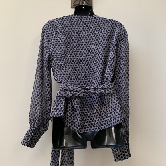 Hobbs Women's Wrap Blouse UK Size 16 Navy Blue Patterned Long Sleeve - Picture 6 of 9